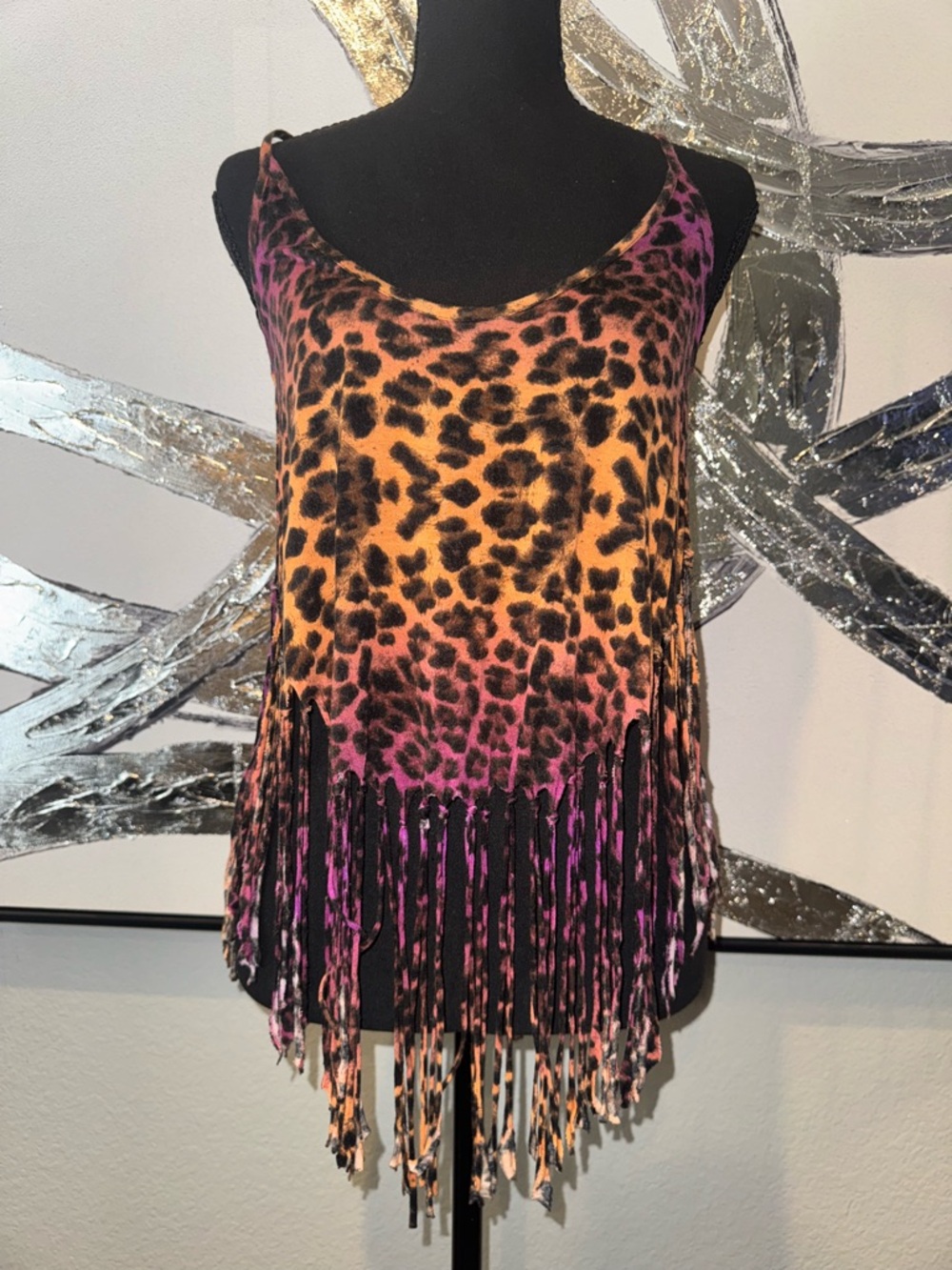 rue21 Orange and Black Leopard Print Fringe Tank